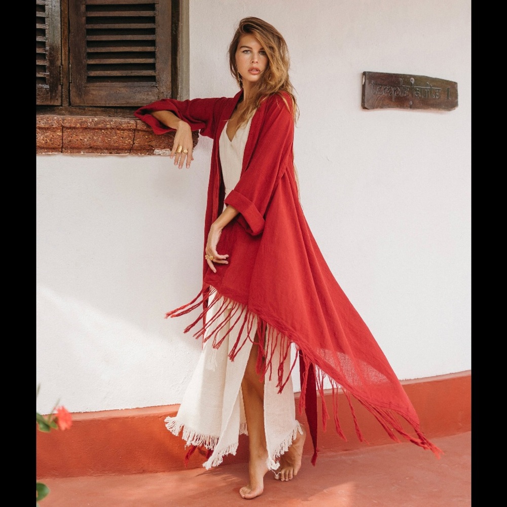 Raw Cotton Fringe Kimono Cardigan ∆ Robe Jacket (Red Ochre) NWOT - Picture 3 of 7